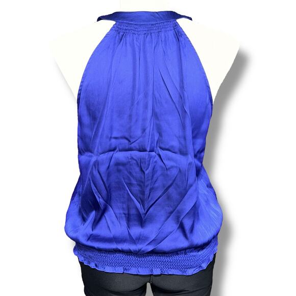 ana Womens Blouse Shirt Top Satin Halter Top Smocked Bubble Hem Blue Purple Lar - Picture 3 of 8